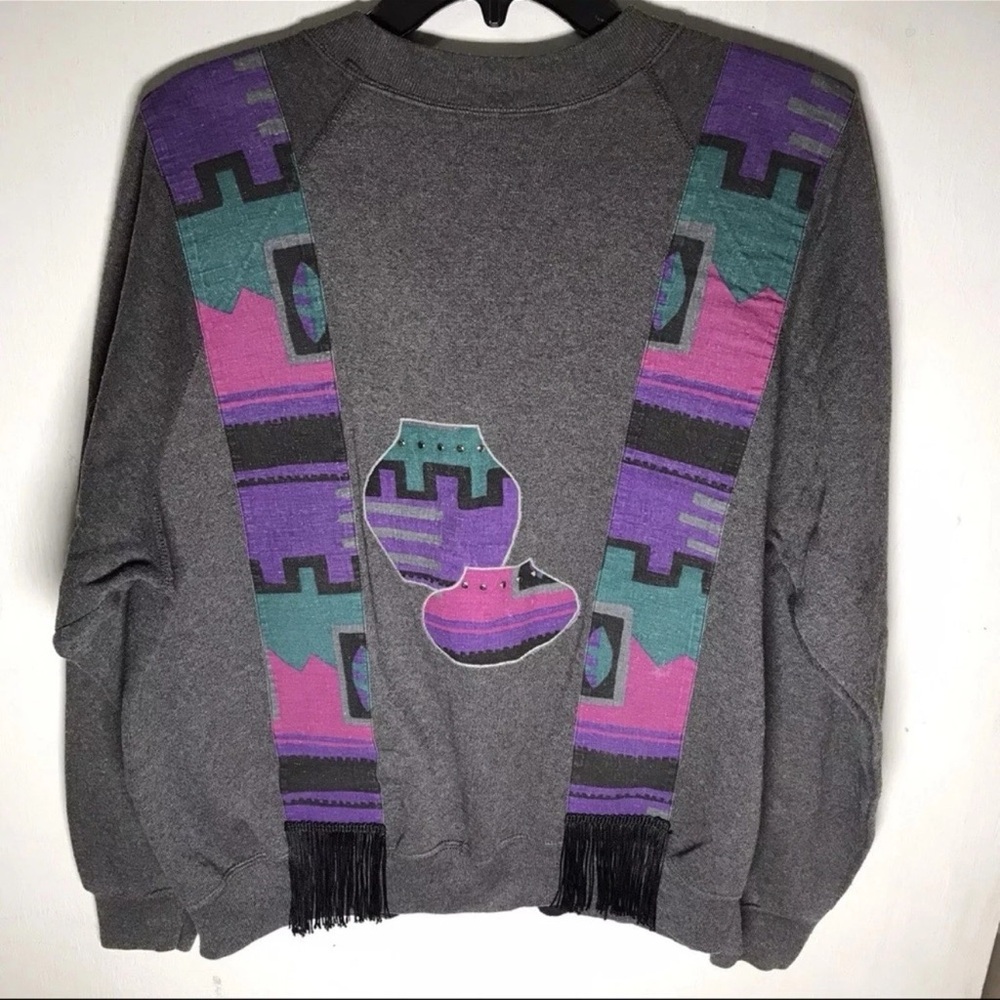 VTG Tribal Fringe Cardigan Sweatshirt‎ Southwestern Embroidered Hipster Retro L - Picture 2 of 8